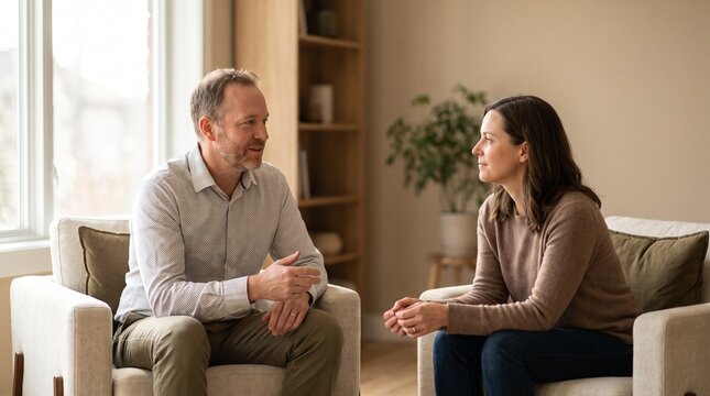 Middle Aged Man and Woman Having Serious Honest Conversation in Armchairs at Home