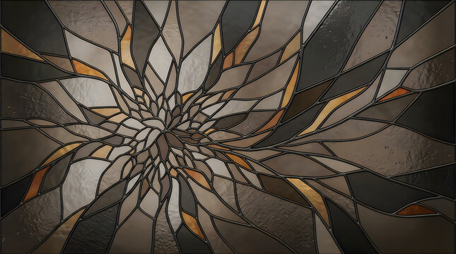 Abstract geometric stained glass pattern with floral motif in warm earth tones and metallic accents