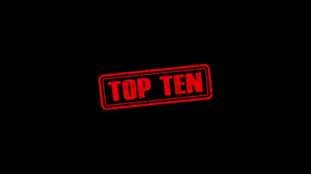 Top Ten rubber stamp animation. Top Ten Stamp textured bold text motion. Up to down stamp zooming and hit effect 4k video.