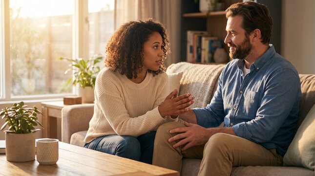 Diverse Couple Having Honest Conversation and Supporting Each Other on Sofa at Home