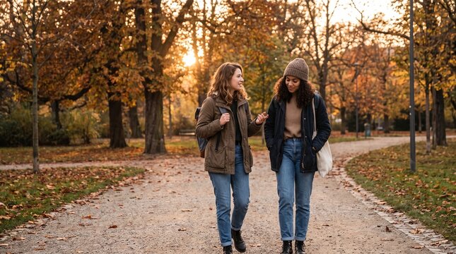 Two Young Female Friends Walking and Talking in Golden Autumn Park at Sunset