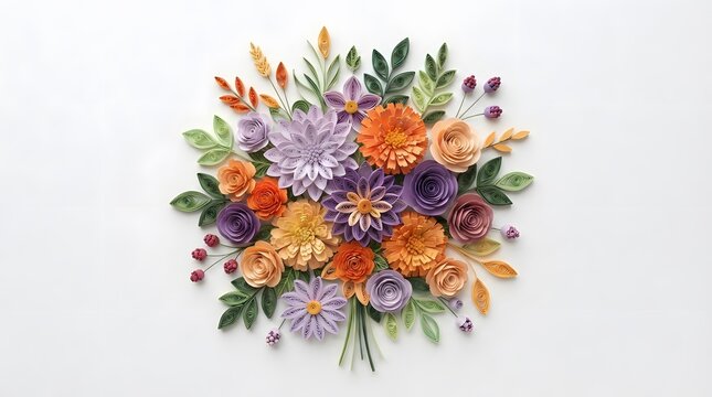 Paper quilling flower bouquet on white background