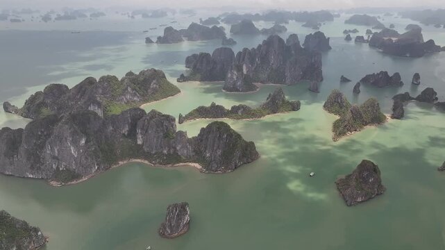 Aerial view of the natural scenery of the karst peak forest in Ha Long Bay, Vietnam