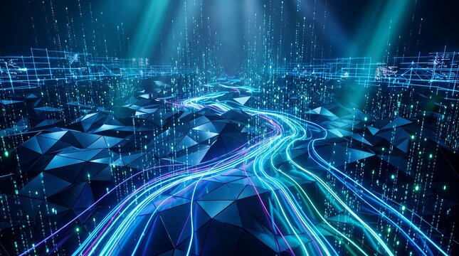 Futuristic Blue Cyberpunk Digital Wireframe Landscape with Glowing Data