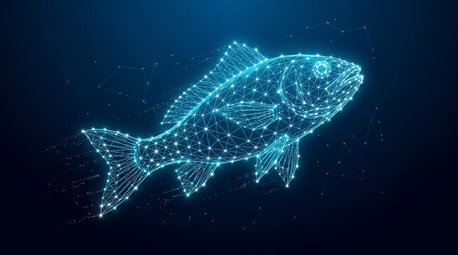 Glowing Blue Holographic Wireframe Fish Floating in Cybernetic Space