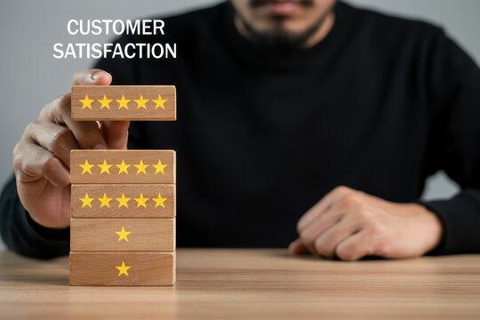 A man stacking wooden blocks with five star ratings to achieve maximum customer satisfaction. Business quality improvement concept for marketing strategy ads.
