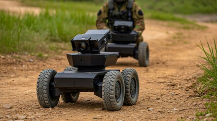 Fototapeta premium Autonomous robot vehicle driving on rural dirt road