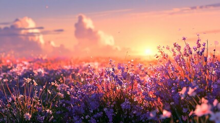 Fototapeta premium Beautiful Lavender Flower Field Stretching Over The Scenic Vast Landscape At The Setting Sun Glow.