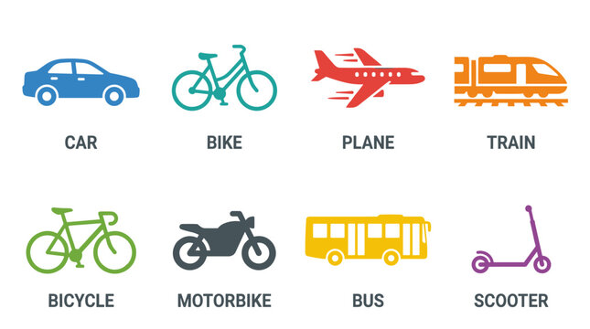 This icon set features transport symbols, including cars, bikes, planes, trains, bicycles, motorbikes, buses, and scooters, all rendered in a solid style
