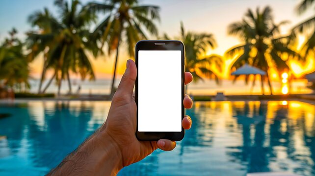 Hand holding blank smartphone beside tropical swimming pool