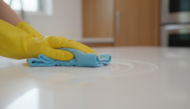 Person wearing yellow rubber cleaning gloves wiping a pristine white kitchen countertop with a damp microfiber cloth surface