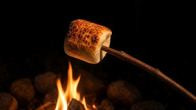 A single toasted marshmallow on a wooden stick over a small campfire in the dark night outdoors
