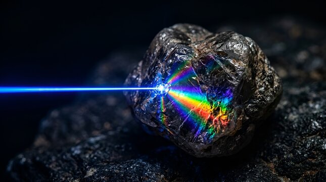 Rough rough metallic stone gemstone reflecting blue laser light beam creating rainbow spectrum effect dark background for science and technology