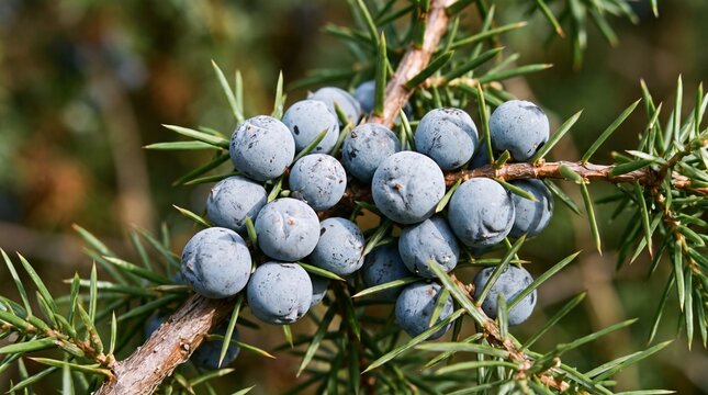 Close-up of a Juniper branch with ripe blue berries and green needles.