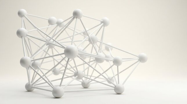 A white abstract geometric sculpture composed of interconnected spheres and rods, creating a complex molecular or network structure on a pale surface