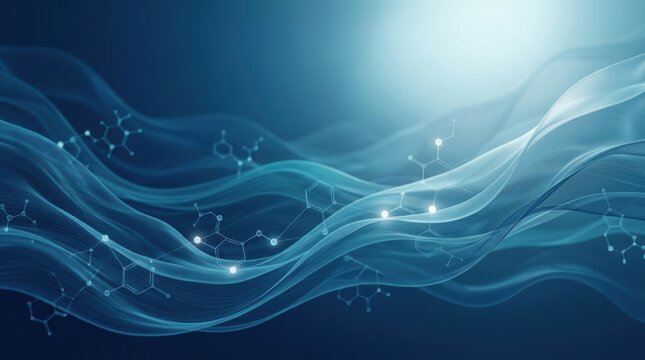 Abstract scientific background with glowing molecular structures and chemical bonds flowing over blue waves