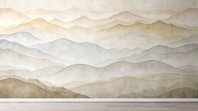 Neutral watercolor wall background featuring abstract mountain landscape layers in earthy beige and brown