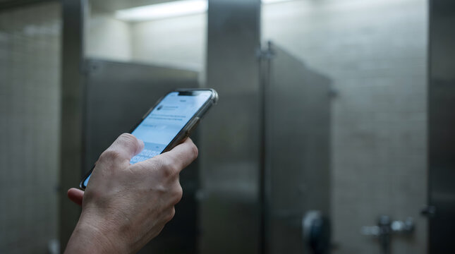 Close up of employee hands holding mobile phone in corporate restroom cubicle dealing with work anxiety and stress