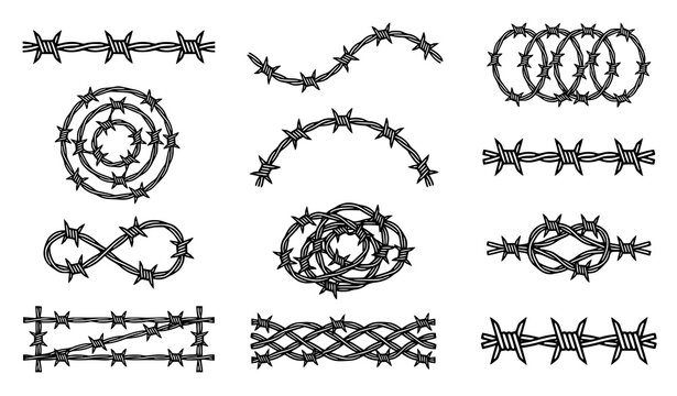 Barbed Wire Fence Twisted Coil Black White Isolated Vector Set