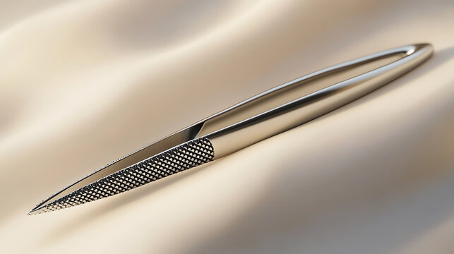 Sleek metallic precision tweezers with a textured grip resting on a smooth beige fabric background