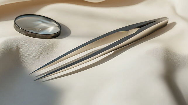 Sleek metallic precision tweezers and a small magnifying glass on a smooth beige fabric background