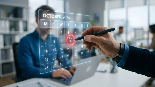 Hand using futuristic holographic calendar interface for October 2024 planning on a laptop