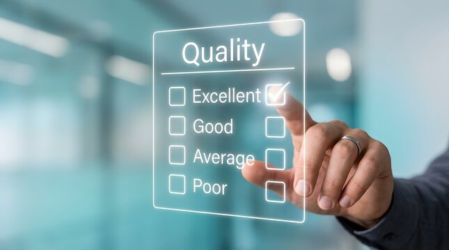 Hand selecting excellent quality on a futuristic holographic interface, modern business concept