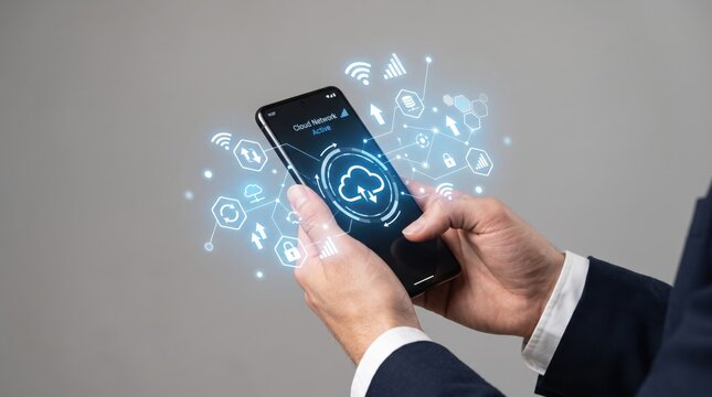 Hands holding mobile phone showing active cloud network status with floating security and upload icons representing wireless data storage, computing services, and secure internet