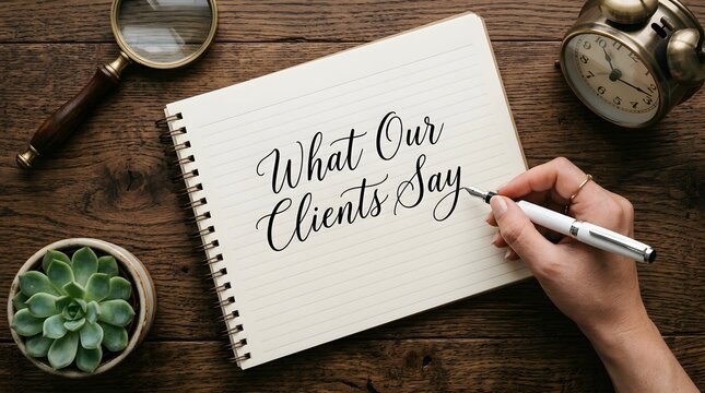 Customer testimonials written in notebook with magnifying glass and vintage alarm clock