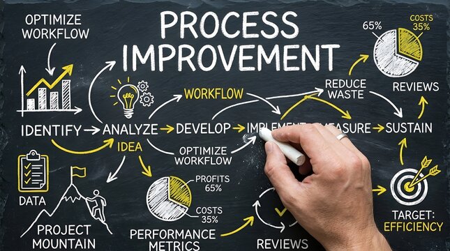 Process improvement strategy diagram with hand drawing workflow, data, and targets on chalkboard