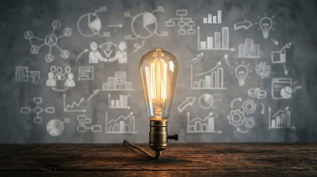 Glowing Edison light bulb on wooden surface with business strategy infographics and charts