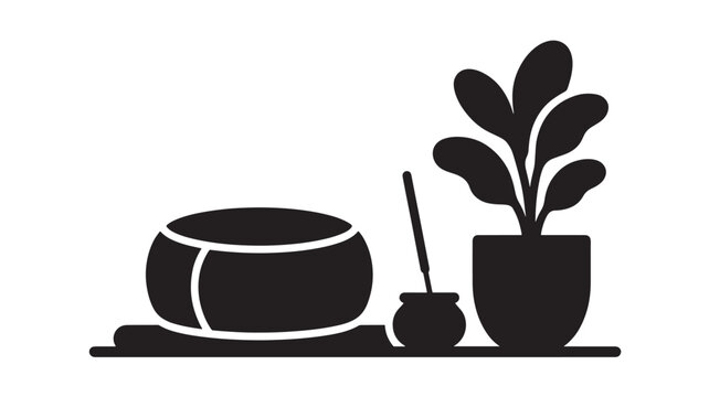 Minimalist Potted Plant Arrangement Design with a Decorative Bowl and Small Vase. Modern Botanical Illustration for Home Decor.