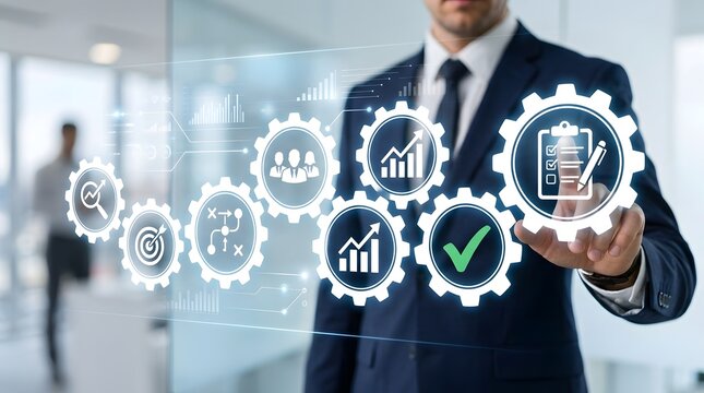 Business process management concept with gears, analytics, and checklist icons on digital interface