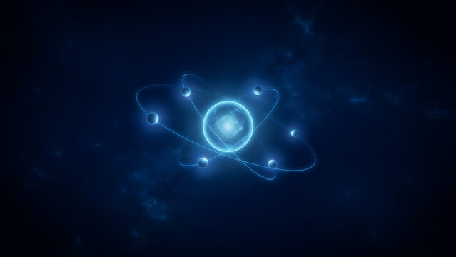 Abstract atom structure with orbiting electrons in a glowing blue cosmic background scene.