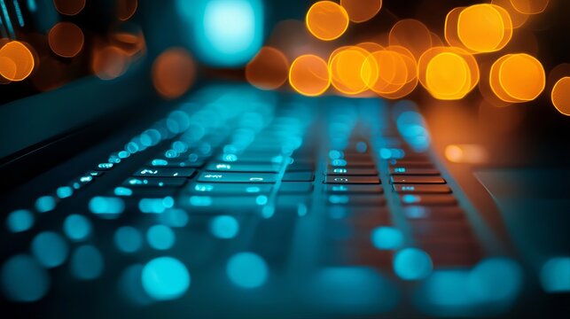 Close up laptop keyboard with cool blue illumination and bokeh warm background professional concept