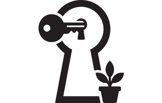Key Unlocking a Door with a Plant Pot Illustration. Symbolic Design Representing Access, Growth, and New Beginnings.