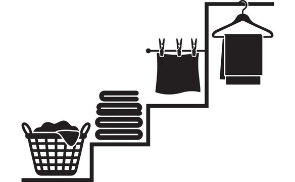 Laundry Setup Illustration Showcasing a Basket, Folded Towels, Clothesline, and Hanger for a Clean Home Concept.