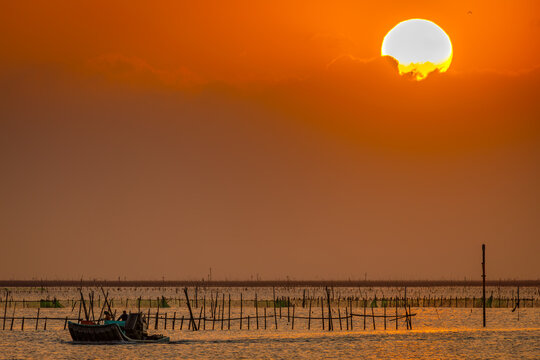 Fishing boat crosses an aquaculture coast beneath a giant sunset