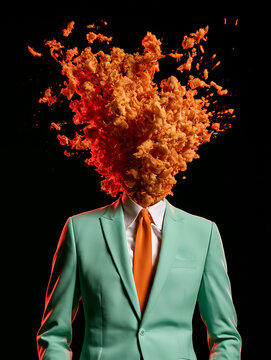 A young woman in a mint green suit, with golden fried food as a head