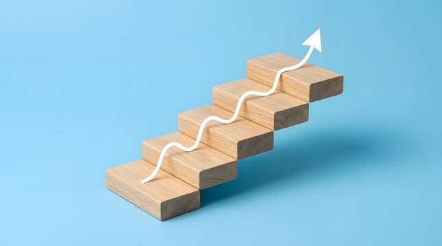 Wooden blocks staircase with white arrow indicating upward growth and success