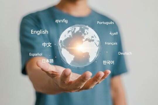 A man holding a glowing digital globe surrounded by multilingual text elements. Global communication and translation concept for international business.