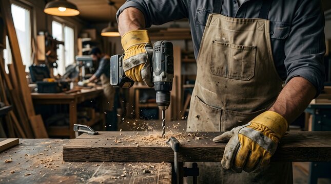 Skilled carpenter drilling a hole in a wooden plank in a workshop with sawdust flying