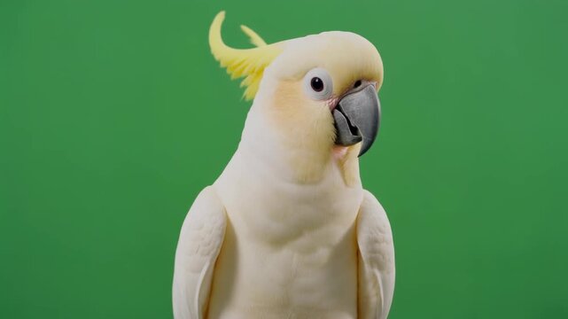 Cockatoo gently bobbing head in isolated green screen background tropical parrot moving calmly showcasing wildlife charm and majestic bird presence