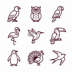 Naklejka premium Collection of nine diverse bird illustrations in line art style