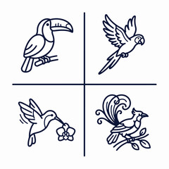 Naklejka premium Colorful exotic birds illustration set with four unique species