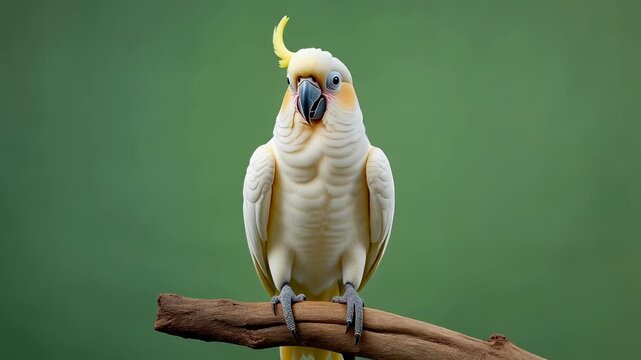 Cockatoo parrot standing perched in isolated green screen background tropical bird pausing calmly showcasing wildlife beauty and strong animal presence