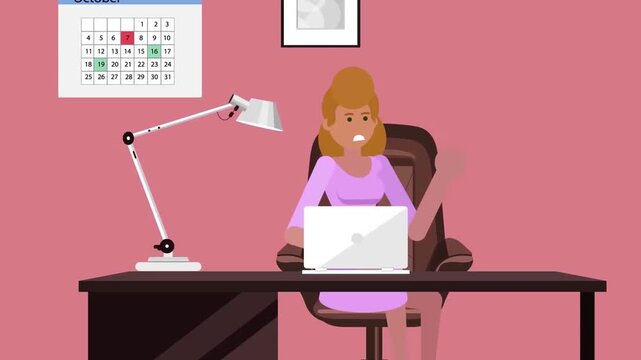2D Animated Frustrated Businesswoman Gesturing at Laptop Screen in Pink Office Interior Flat Vector Character Animation Footage
