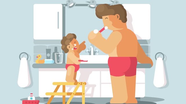 2D Animated Father and Toddler Child Brushing Teeth Together at Bathroom Sink Flat Vector Character Animation Footage