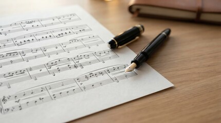 Fototapeta premium Fountain pen resting on sheet music on a wooden desk with a notebook nearby, capturing the creative process of songwriting and composition