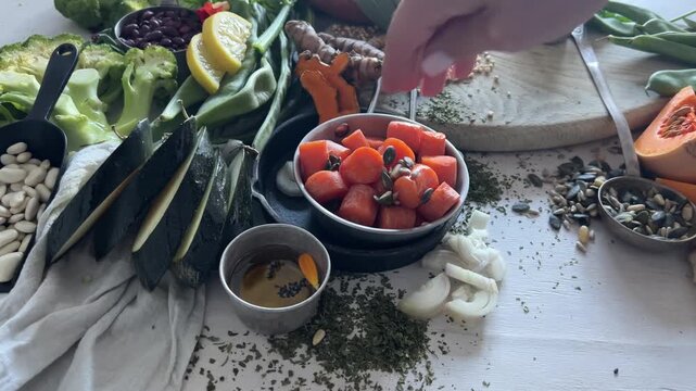 Healthy food. Fresh vegetables, fruits, beans and nuts. Food cooking on a light background. 
